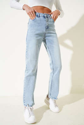 Yıpratmalı Boru Paça Kot Pantolon Kar Açık - Thumbnail