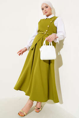 Gold Düğmeli Kemerli Etekli İkili Takım Yağ Yeşili - Thumbnail