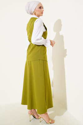 Gold Düğmeli Kemerli Etekli İkili Takım Yağ Yeşili - Thumbnail