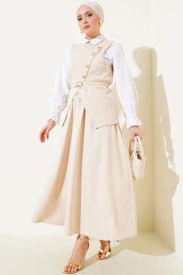 Gold Düğmeli Kemerli Etekli İkili Takım Bej - Thumbnail