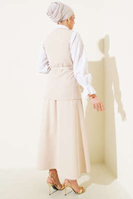 Gold Düğmeli Kemerli Etekli İkili Takım Bej - Thumbnail