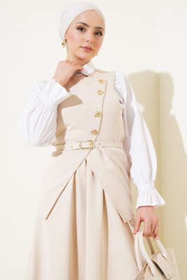 Gold Düğmeli Kemerli Etekli İkili Takım Bej - Thumbnail