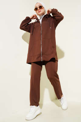 Kanguru Cepli Fermuarlı İkili Takım Kahve - Thumbnail