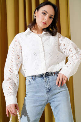 Pazarium - Brodeli Gömlek Beyaz