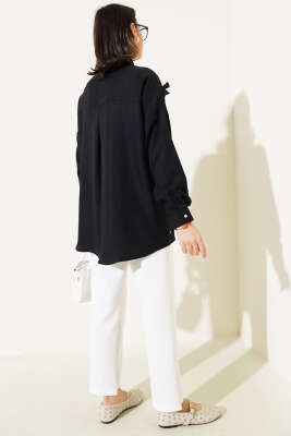 Taşlı Kurdele Fiyonklu Gömlek Siyah - Thumbnail