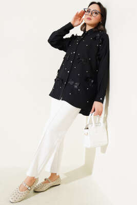 Taşlı Kurdele Fiyonklu Gömlek Siyah - Thumbnail