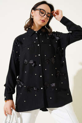 Taşlı Kurdele Fiyonklu Gömlek Siyah - Thumbnail