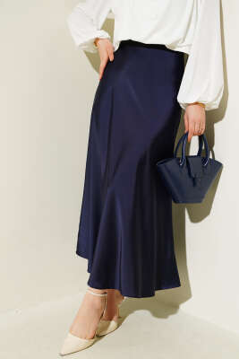 Pazarium - Bel Lastikli Saten Kloş Etek Lacivert