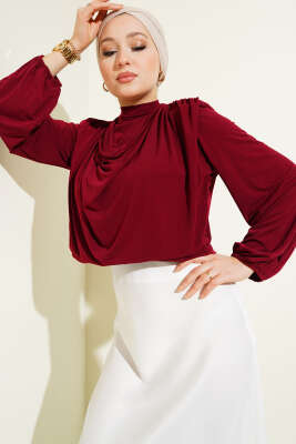 Pazarium - Omuz Vatkalı Degaje Yaka Sandy Bluz Bordo