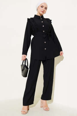 Pazarium - Önü Fırfırlı Kuşaklı İkili Takım Siyah
