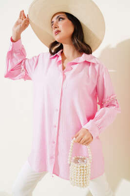 Pazarium - Kolu İnci Detaylı Gömlek Pembe