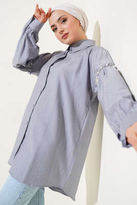 Pazarium - Kolu İnci Detaylı Gömlek Gri