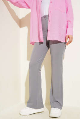 Pazarium - Tek Düğmeli Çımalı Pantolon Gri