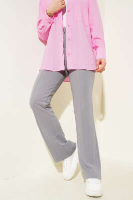 Tek Düğmeli Çımalı Pantolon Gri - Thumbnail