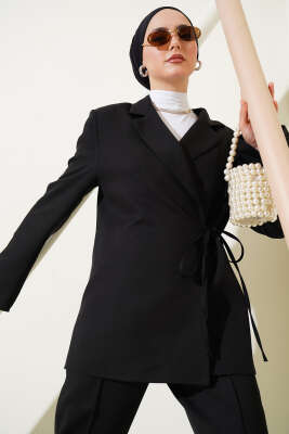 Pazarium - Yandan Bağlamalı Kruvaze Yaka Ceket Siyah