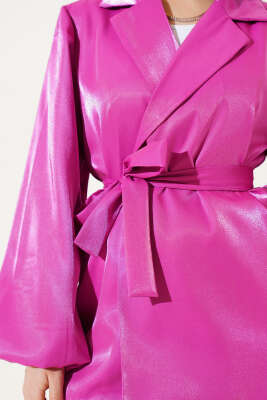 Kuşaklı Balon Kol Parlak Ceket Fuşya - Thumbnail
