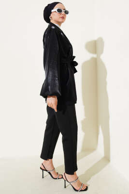 Kuşaklı Balon Kol Parlak Ceket Siyah - Thumbnail