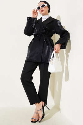 Kuşaklı Balon Kol Parlak Ceket Siyah - Thumbnail