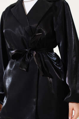 Kuşaklı Balon Kol Parlak Ceket Siyah - Thumbnail