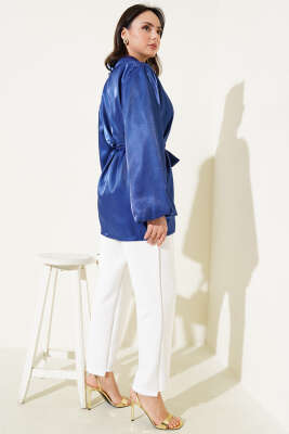 Kuşaklı Balon Kol Parlak Ceket Lacivert - Thumbnail