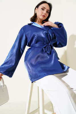 Kuşaklı Balon Kol Parlak Ceket Lacivert - Thumbnail