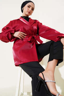 Kuşaklı Balon Kol Parlak Ceket Bordo - Thumbnail