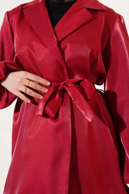 Kuşaklı Balon Kol Parlak Ceket Bordo - Thumbnail