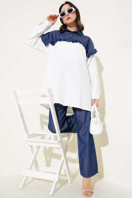 Fırfırlı Garnili Yarım Düğmeli İkili Takım Beyaz - Thumbnail