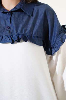 Fırfırlı Garnili Yarım Düğmeli İkili Takım Beyaz - Thumbnail