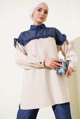 Fırfırlı Garnili Yarım Düğmeli İkili Takım Bej - Thumbnail