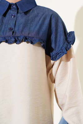 Fırfırlı Garnili Yarım Düğmeli İkili Takım Bej - Thumbnail