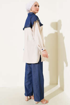 Fırfırlı Garnili Yarım Düğmeli İkili Takım Bej - Thumbnail