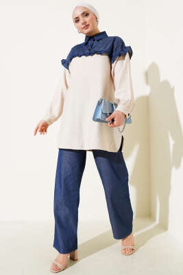 Pazarium - Fırfırlı Garnili Yarım Düğmeli İkili Takım Bej