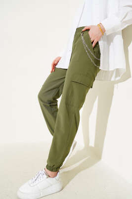 Pazarium - Paça Lastikli Zincirli Kargo Pantolon Haki