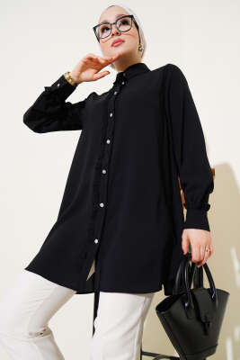 Pazarium - Taş Düğmeli Fırfırlı Gömlek Siyah