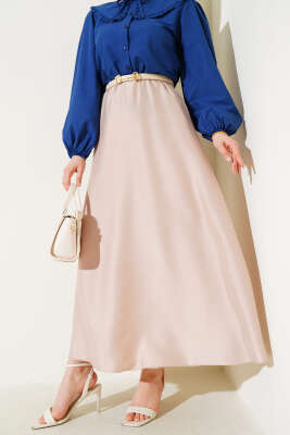 Pazarium - Beli Lastikli Kloş Saten Etek Bej
