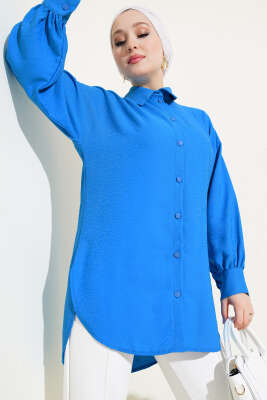 Pazarium - Kendinden Desenli Balon Kol Jakar Gömlek Saks