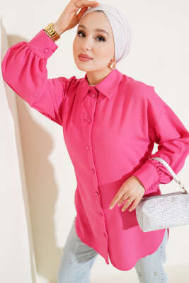 Pazarium - Kendinden Desenli Balon Kol Jakar Gömlek Fuşya