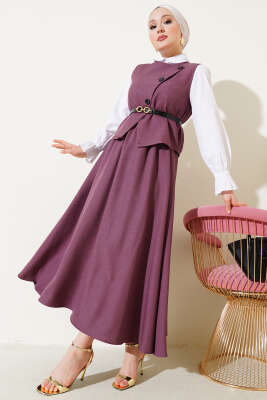 Pazarium - Kemerli Çapraz Düğmeli Yelekli Etekli Takım Mor