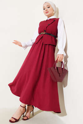 Kemerli Çapraz Düğmeli Yelekli Etekli Takım Bordo - Thumbnail