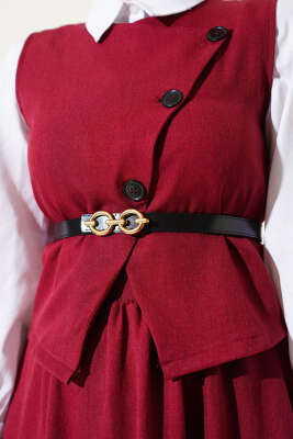 Kemerli Çapraz Düğmeli Yelekli Etekli Takım Bordo - Thumbnail