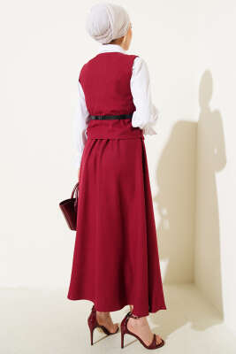 Kemerli Çapraz Düğmeli Yelekli Etekli Takım Bordo - Thumbnail
