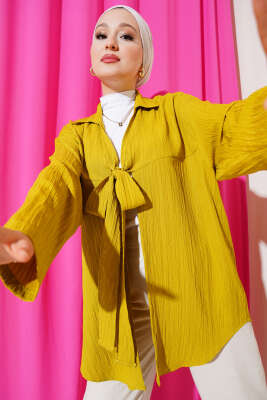 Önü Bağlamalı Krinkıl Kimono Yağ Yeşili - Thumbnail