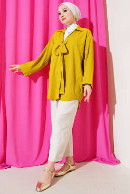 Önü Bağlamalı Krinkıl Kimono Yağ Yeşili - Thumbnail