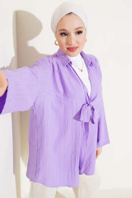 Önü Bağlamalı Krinkıl Kimono Lila - Thumbnail