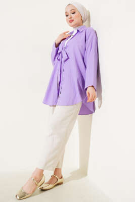 Önü Bağlamalı Krinkıl Kimono Lila - Thumbnail