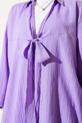 Önü Bağlamalı Krinkıl Kimono Lila - Thumbnail