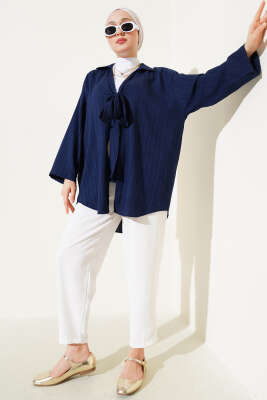 Önü Bağlamalı Krinkıl Kimono Lacivert - Thumbnail