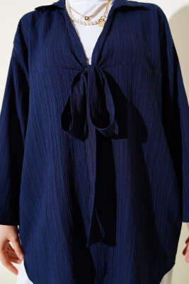 Önü Bağlamalı Krinkıl Kimono Lacivert - Thumbnail