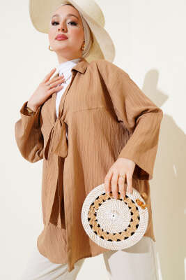 Pazarium - Önü Bağlamalı Krinkıl Kimono Camel